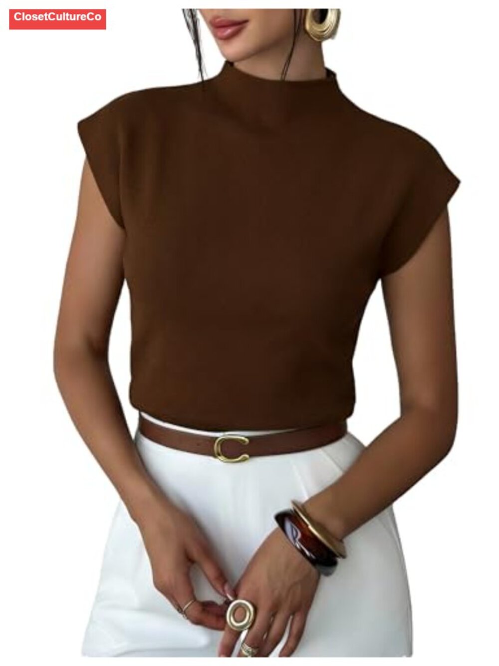 Mock Neck Sleeveless Knit Sweater Vest Cap Sleeve Pullover Top